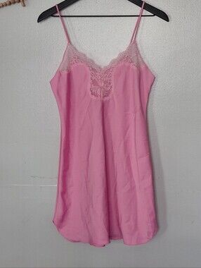 VTG 70s 80s Gold Crown Victoria's Secret Pink Satin Lace Chemise Slip Gown Small